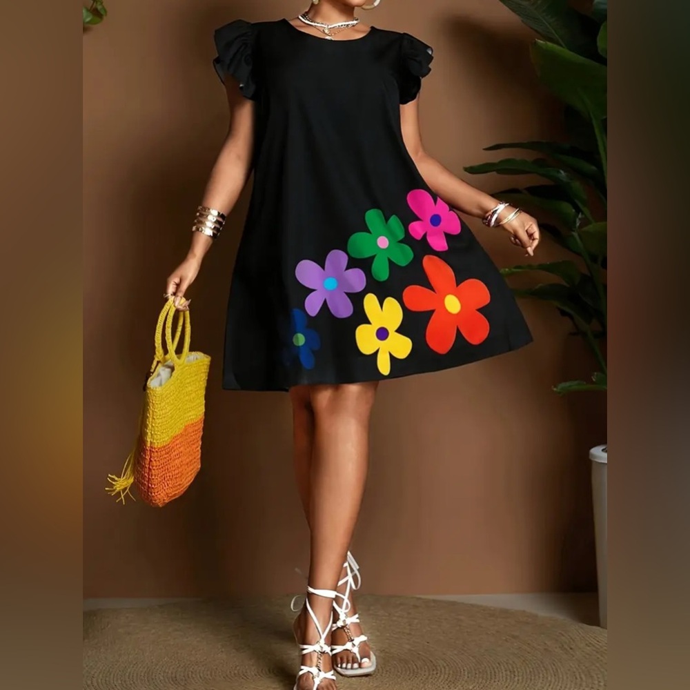 Passion of Essence Black Mini Dress with Colorful Floral Accents